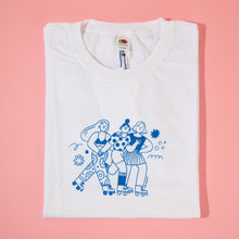 Load image into Gallery viewer, Roller Skater Girls Handprinted T-shirt // White & Blue