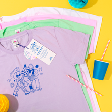 Load image into Gallery viewer, Roller Skater Girls Handprinted T-shirt // Light Pink & Blue