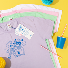 Load image into Gallery viewer, Roller Skater Girls Handprinted T-shirt // White & Blue