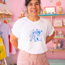 Load image into Gallery viewer, Roller Skater Girls Handprinted T-shirt // White & Blue