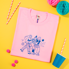 Load image into Gallery viewer, Roller Skater Girls Handprinted T-shirt // Light Pink & Blue