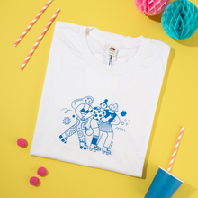 Load image into Gallery viewer, Roller Skater Girls Handprinted T-shirt // White & Blue
