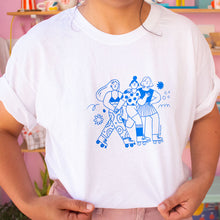 Load image into Gallery viewer, Roller Skater Girls Handprinted T-shirt // White &amp; Blue
