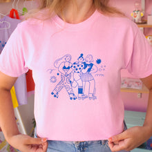 Load image into Gallery viewer, Roller Skater Girls Handprinted T-shirt // Light Pink &amp; Blue
